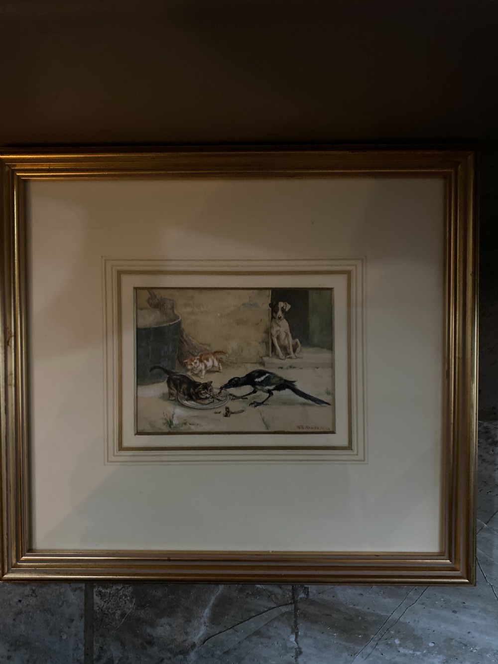 RARE 19th Century Watercolour Dog and Cats Painting S T Dadd