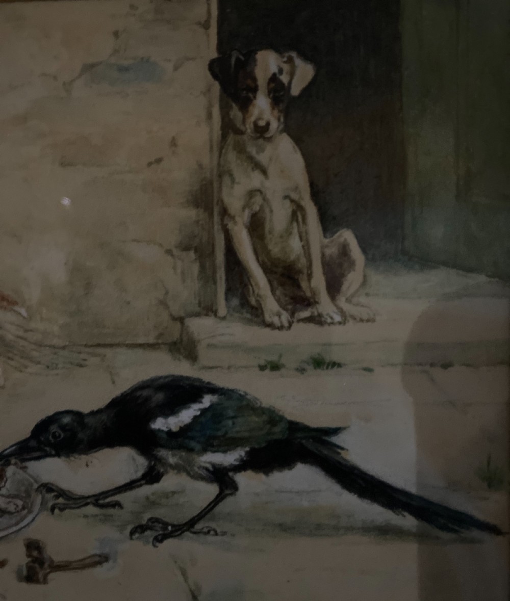RARE 19th Century Watercolour Dog and Cats Painting S T Dadd View IV