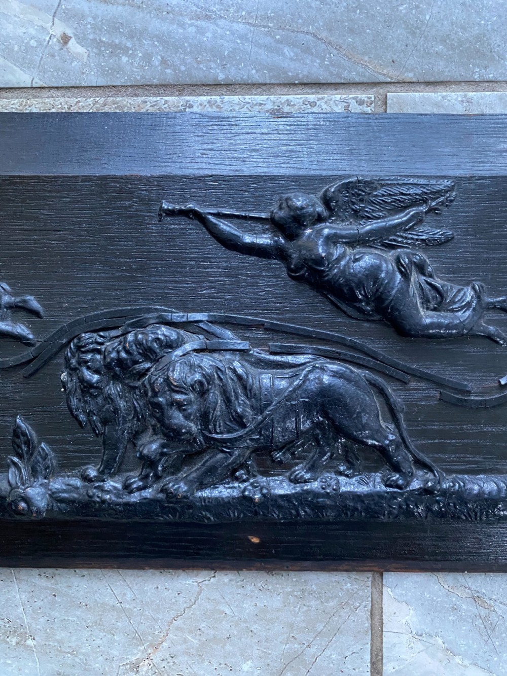 Regency Carved Oak and Plaster Panel Apollo Angel Lion Chariot View III