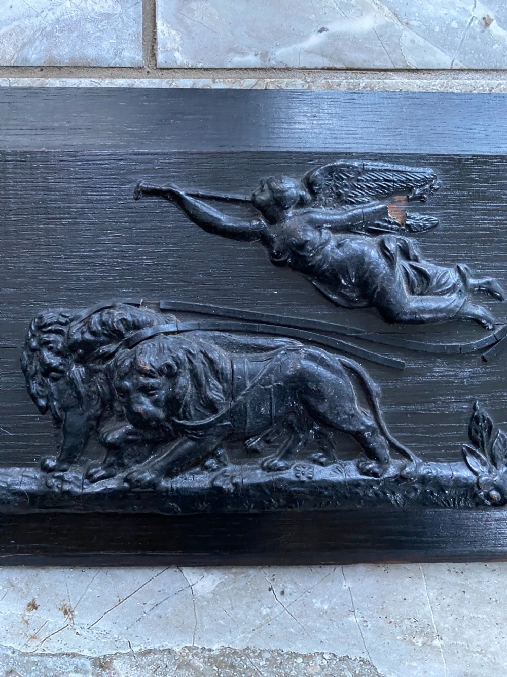 Regency Carved Oak and Plaster Panel Apollo Angel Lion Chariot View IV