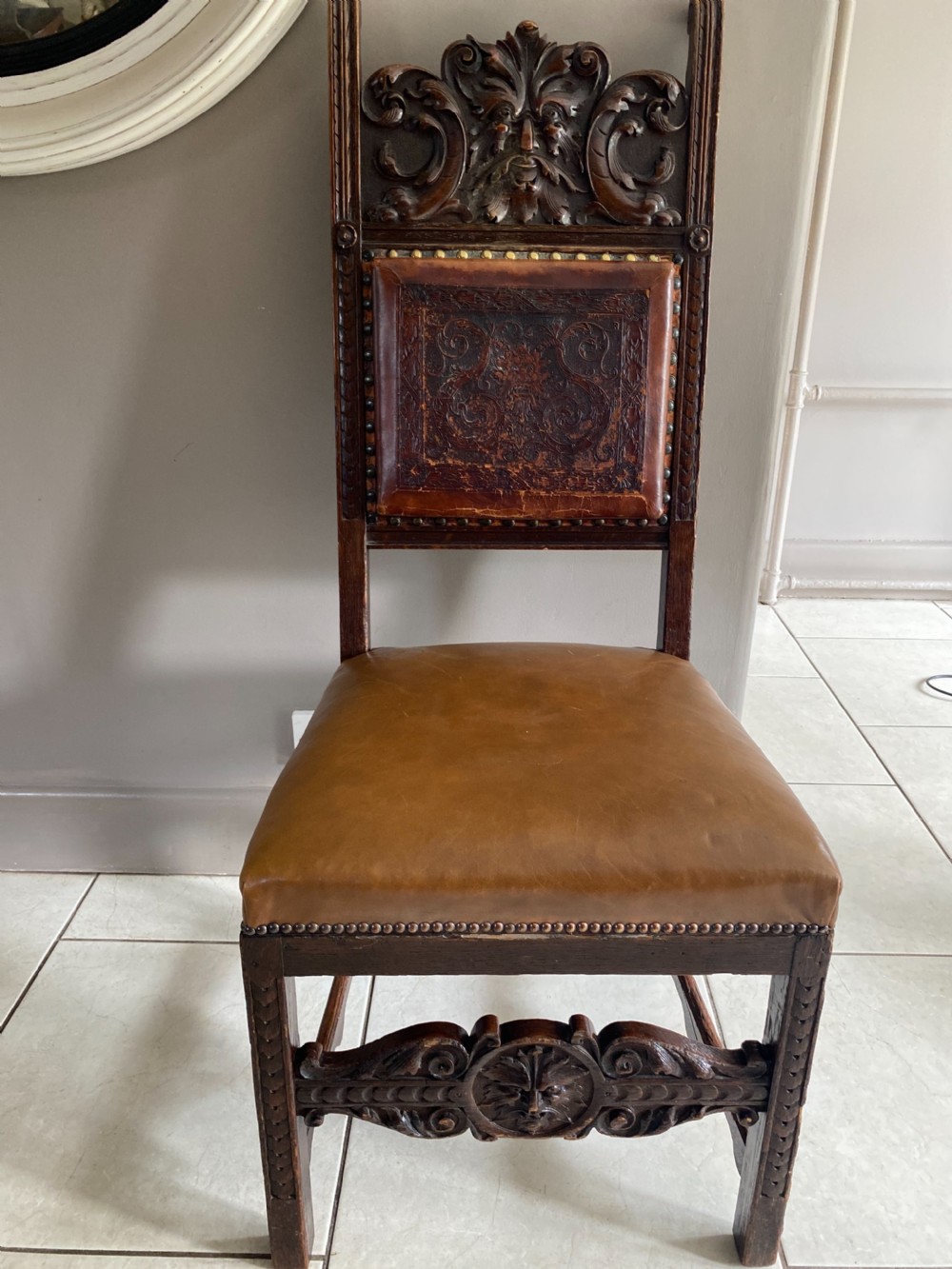 Bodelwyddan Castle 19th Century Carved Oak Green Man Carved Dining Chair