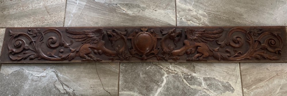 Large 19th Century Carved Oak Winged Griffin Overmantel Panel