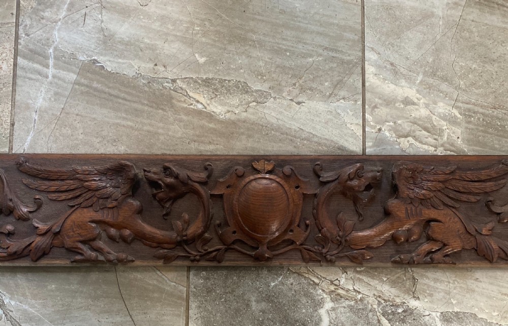 Large 19th Century Carved Oak Winged Griffin Overmantel Panel View II