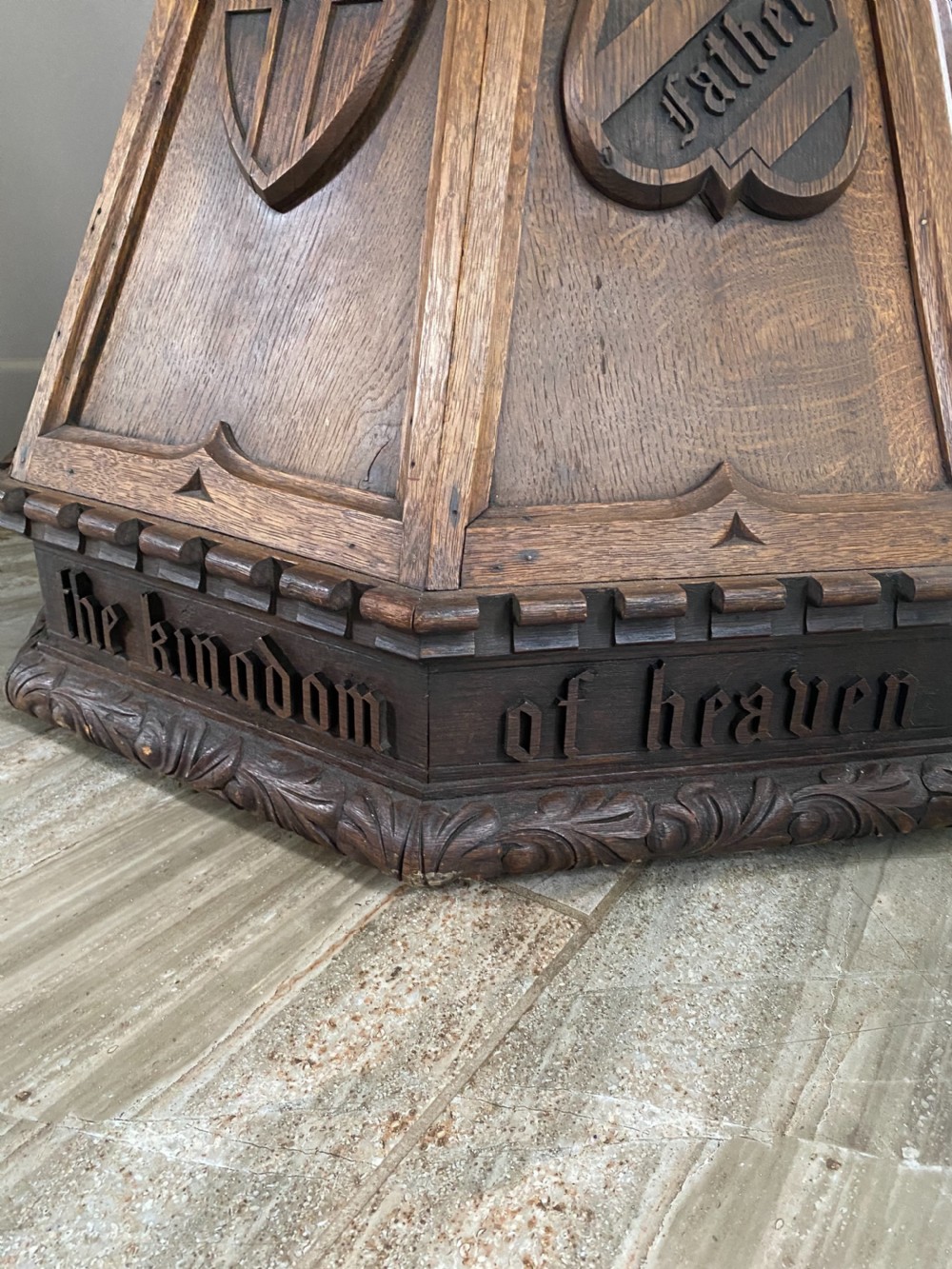 LARGE 19th Century Carved Oak Gothic Church Font Cover View II