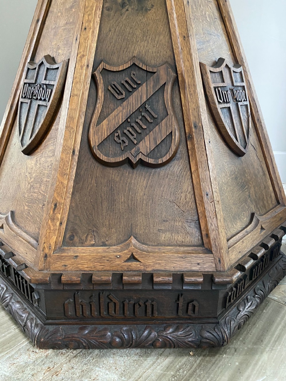 LARGE 19th Century Carved Oak Gothic Church Font Cover View IV