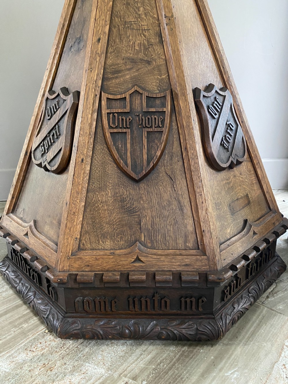 LARGE 19th Century Carved Oak Gothic Church Font Cover View V