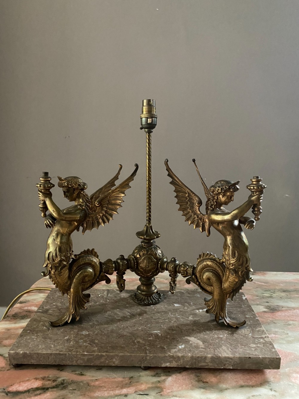 19th Century Winged Mermaid Angel Gas Table Lamp