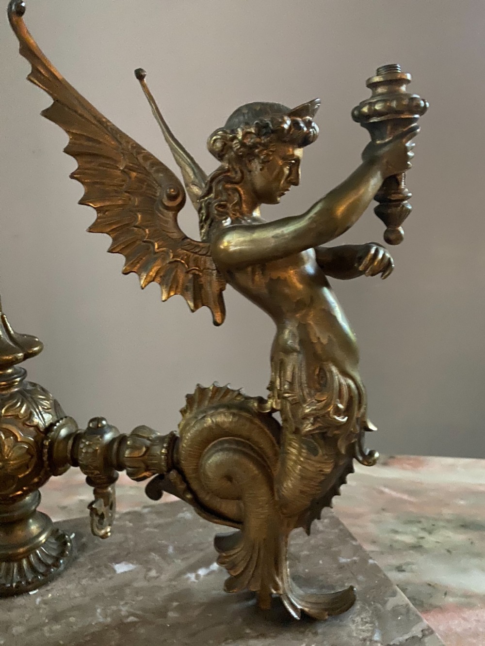 19th Century Winged Mermaid Angel Gas Table Lamp View II