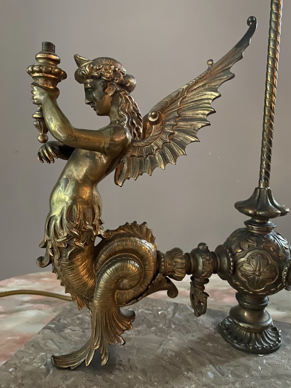 19th Century Winged Mermaid Angel Gas Table Lamp View III