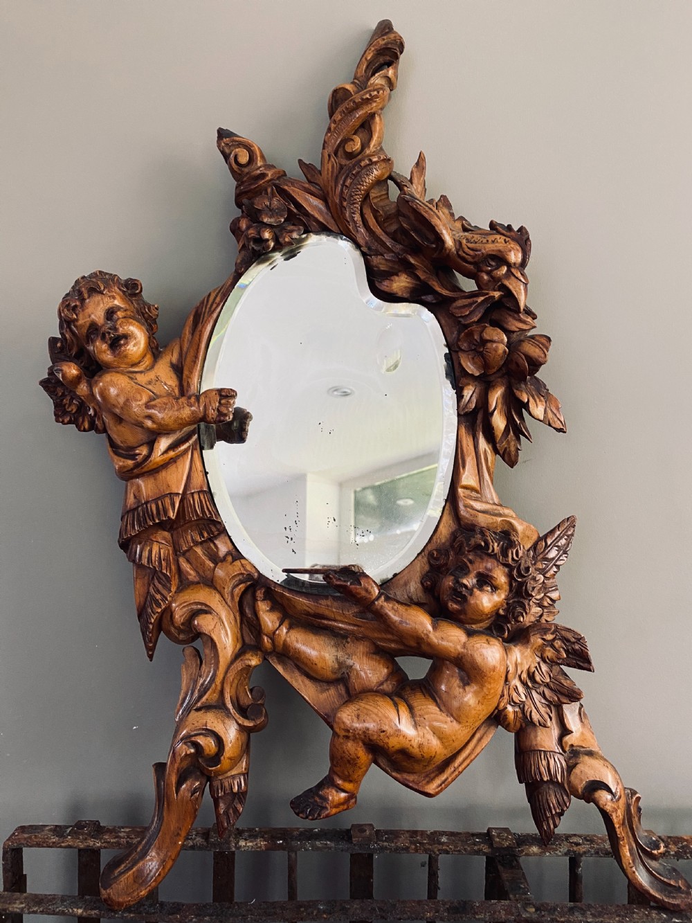 19th Century Carved Wooden Winged Cherub Mirror
