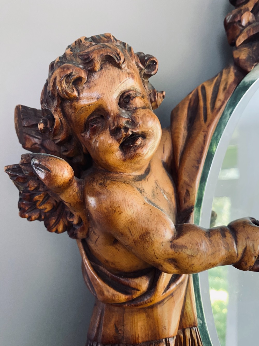 19th Century Carved Wooden Winged Cherub Mirror View II
