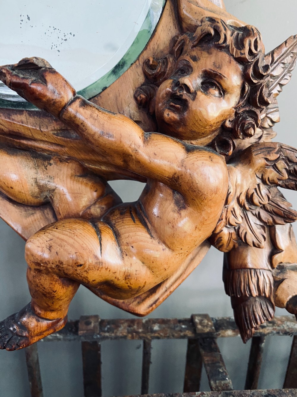 19th Century Carved Wooden Winged Cherub Mirror View III