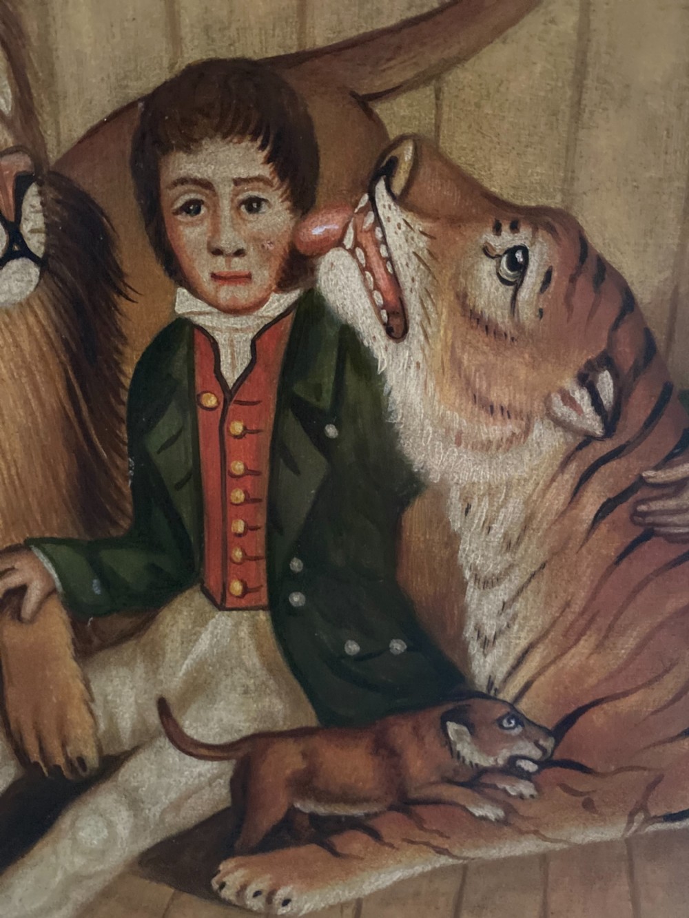 19th Century Folk Art Lions Den Royal Circus Oil Painting Signed  View III