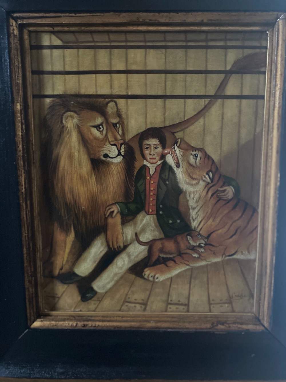 19th Century Folk Art Lions Den Royal Circus Oil Painting Signed  View V