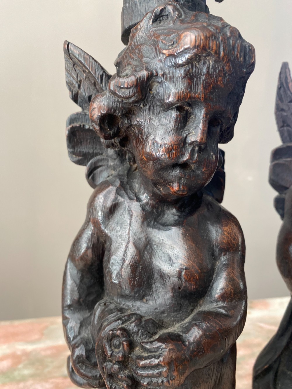 17th Century Carved Oak Caryatids Cherubs X 3 View II