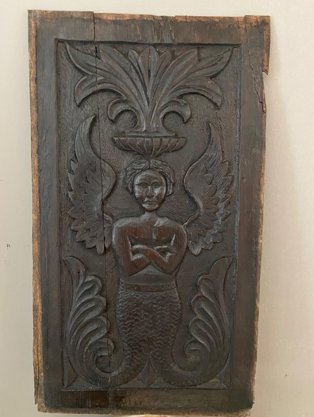 Early 19th Century Carved Oak Winged Mermaid ANGEL Panel