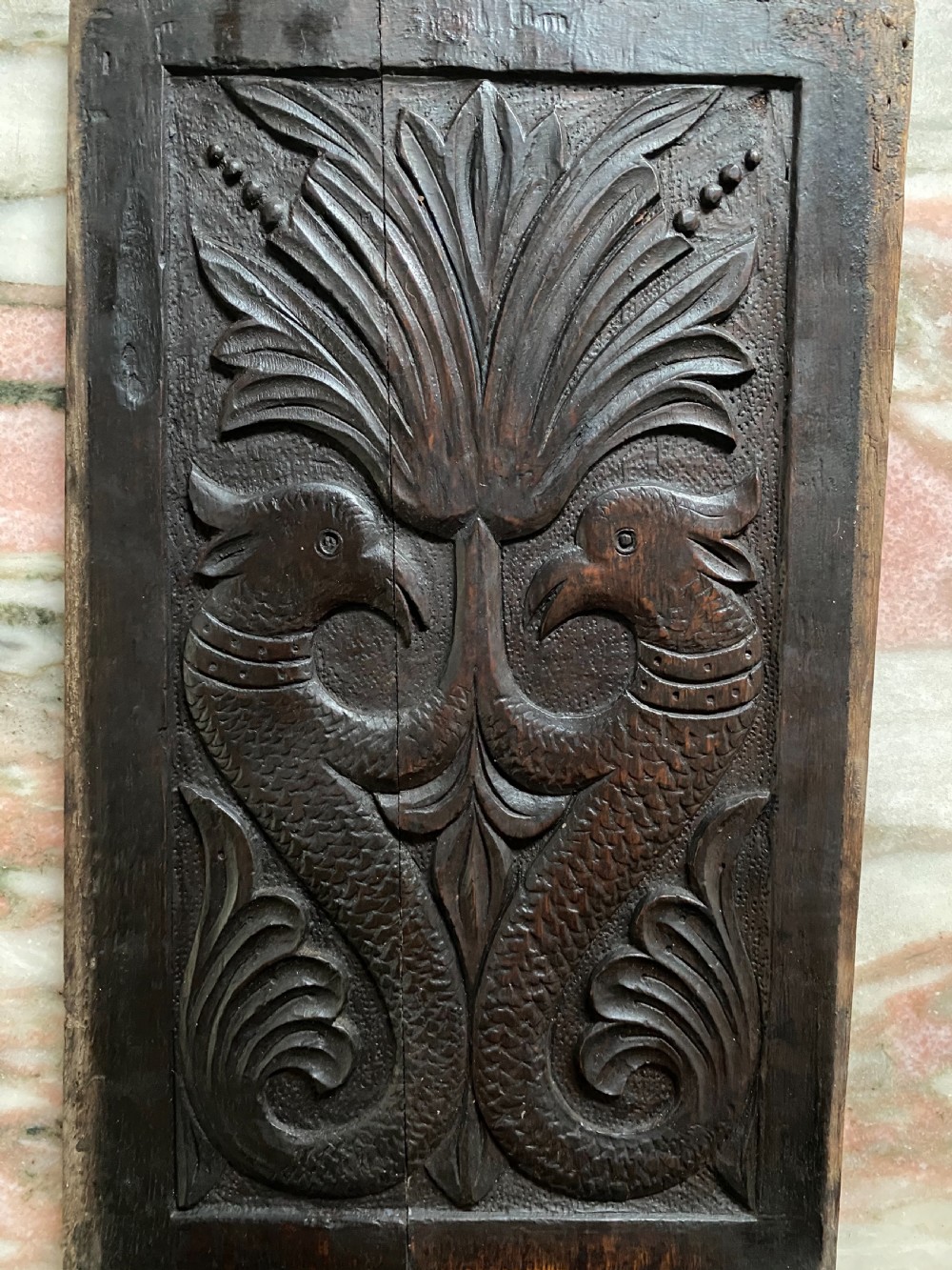 17th Century Carved Oak MYTHICAL SERPENT Panel.