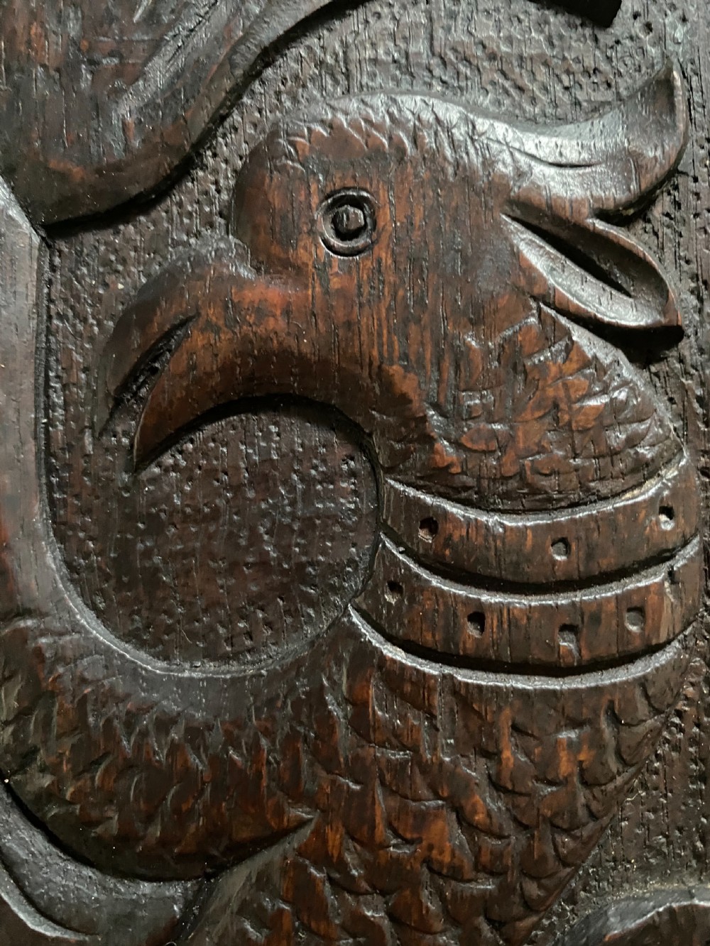 17th Century Carved Oak MYTHICAL SERPENT Panel. View IV
