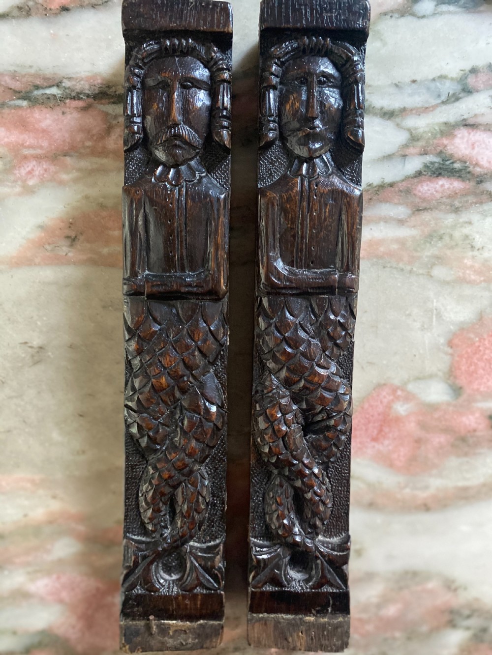 17th Century Carved Oak Caryatids with Fishtails
