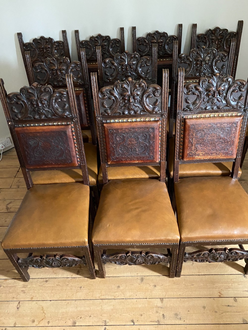 Bodelwyddan Castle 19th Century Carved Oak Green Man Carved DINING Chairs 10