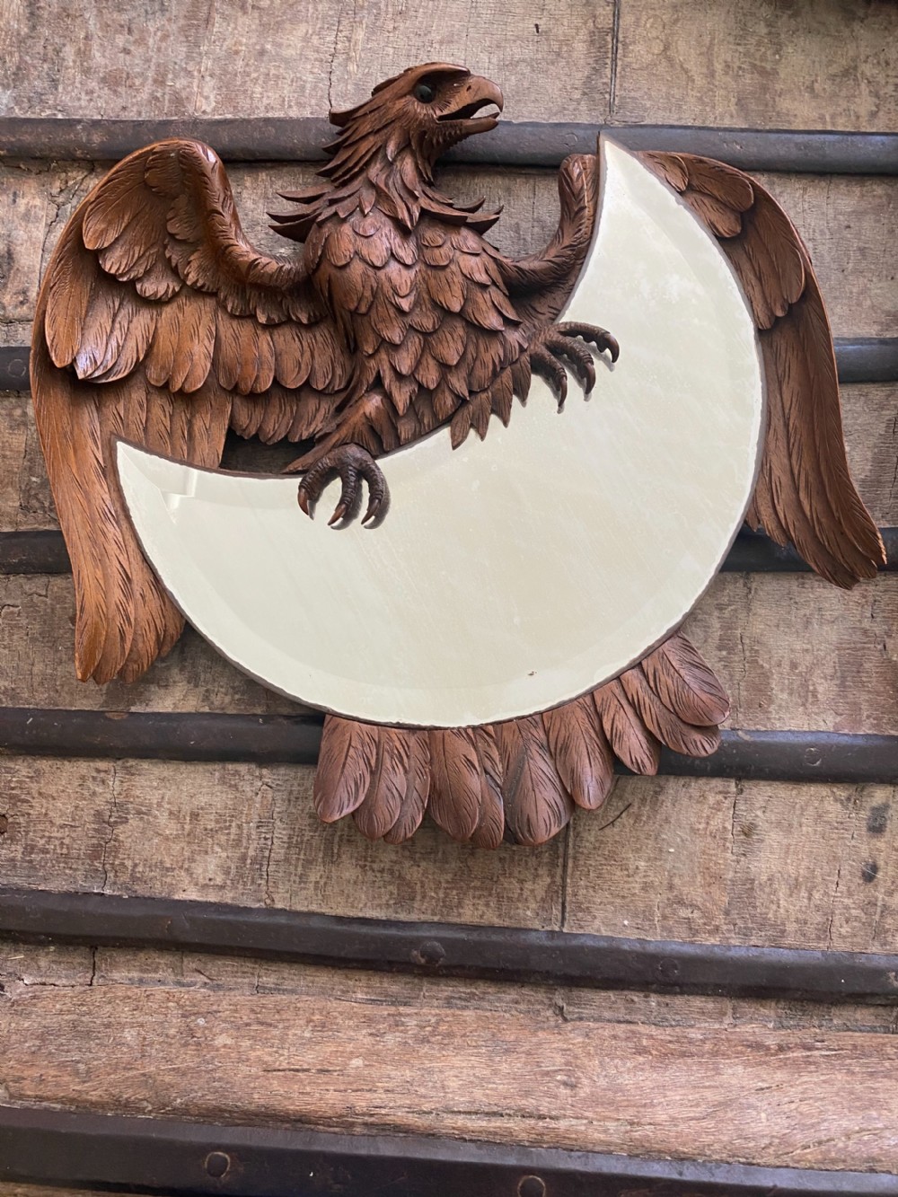 19th Century Carved Black Forest Eagle Bevelled Mirror