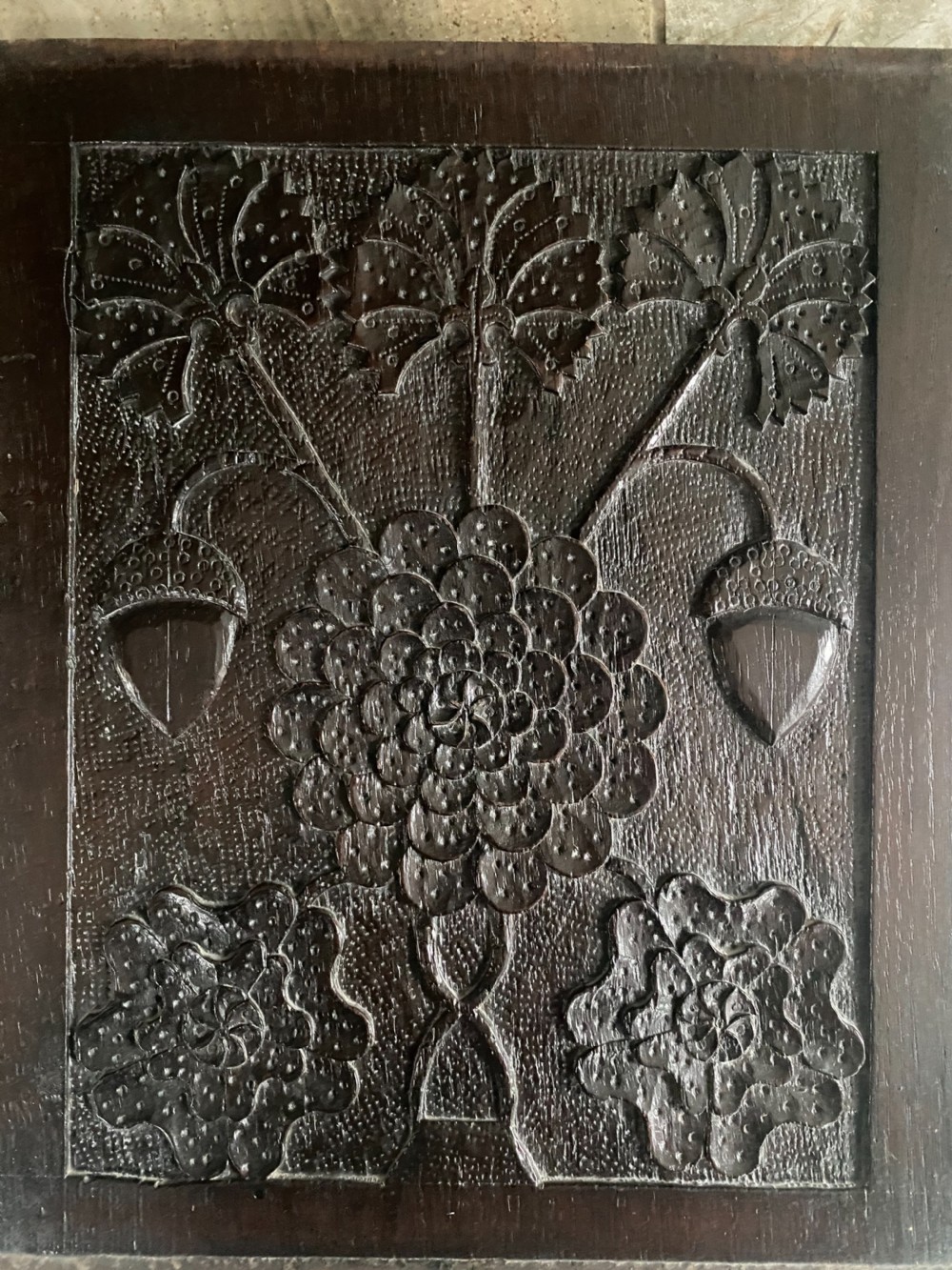 RARE 17th Century Carved Oak Panel Cornflowers Strawberries R W Symonds