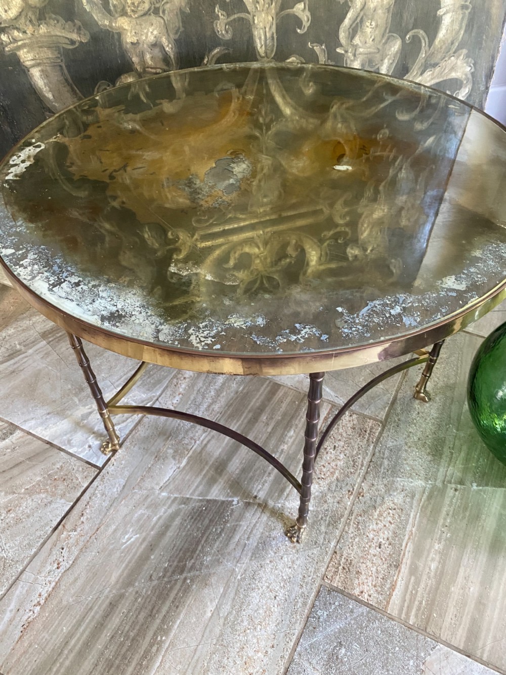 RARE Maison Bagues Faux Bamboo Distressed Mirror Bronze Coffee Table
