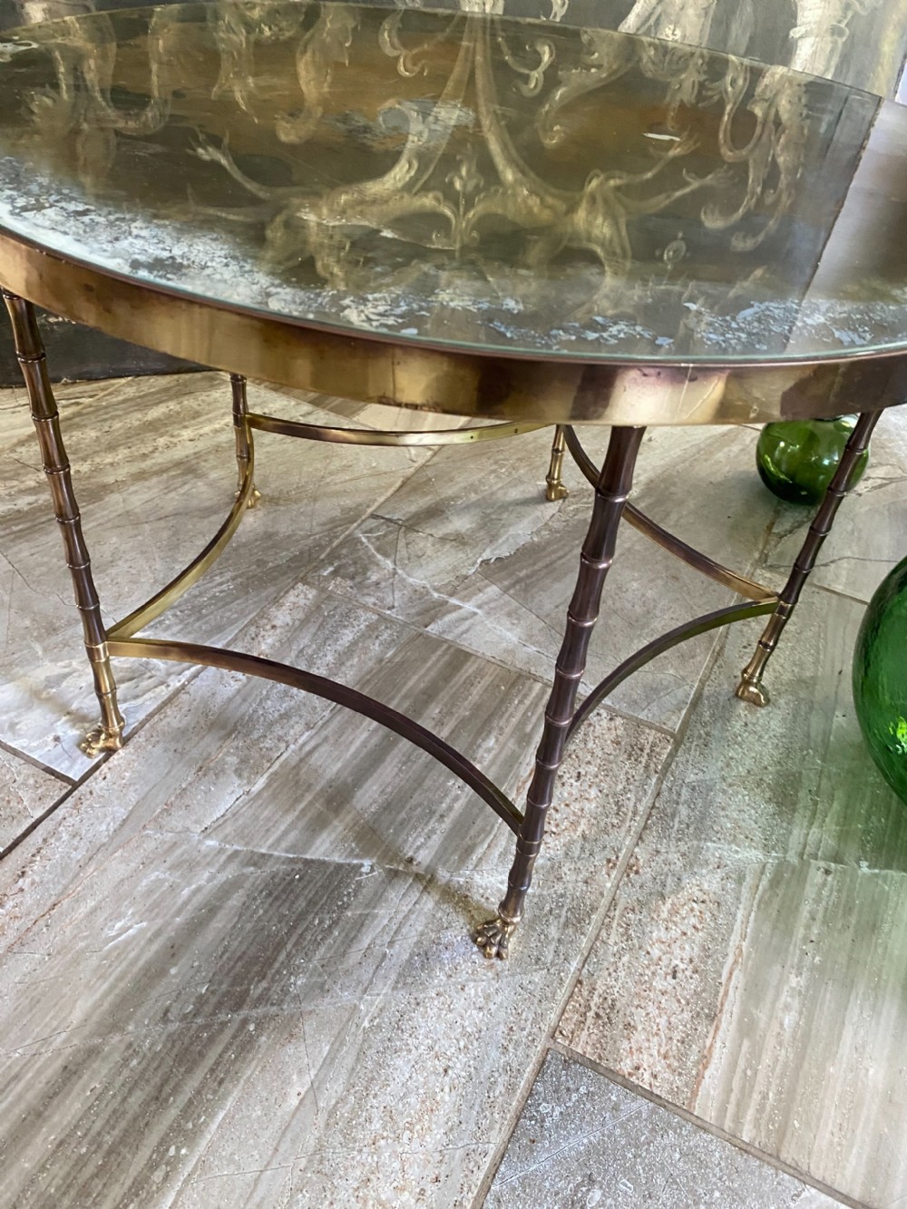 RARE Maison Bagues Faux Bamboo Distressed Mirror Bronze Coffee Table View III