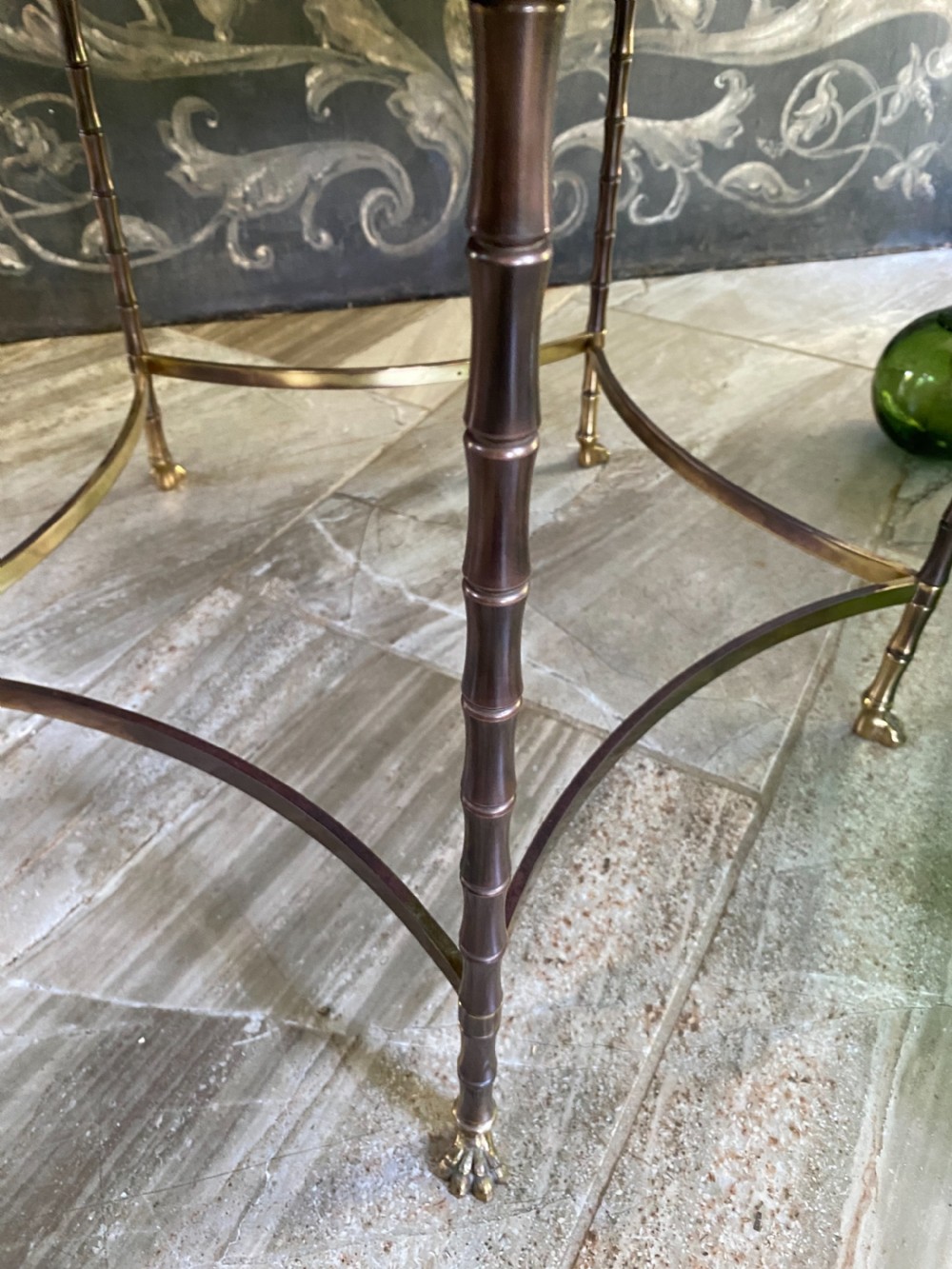 RARE Maison Bagues Faux Bamboo Distressed Mirror Bronze Coffee Table View V