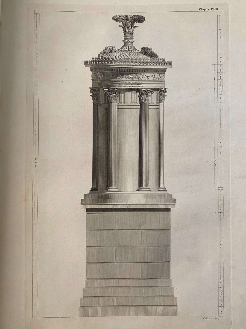 An 18th-century black and white architectural line engraving depicting a tall classical monument with Corinthian columns and decorative acanthus finial.