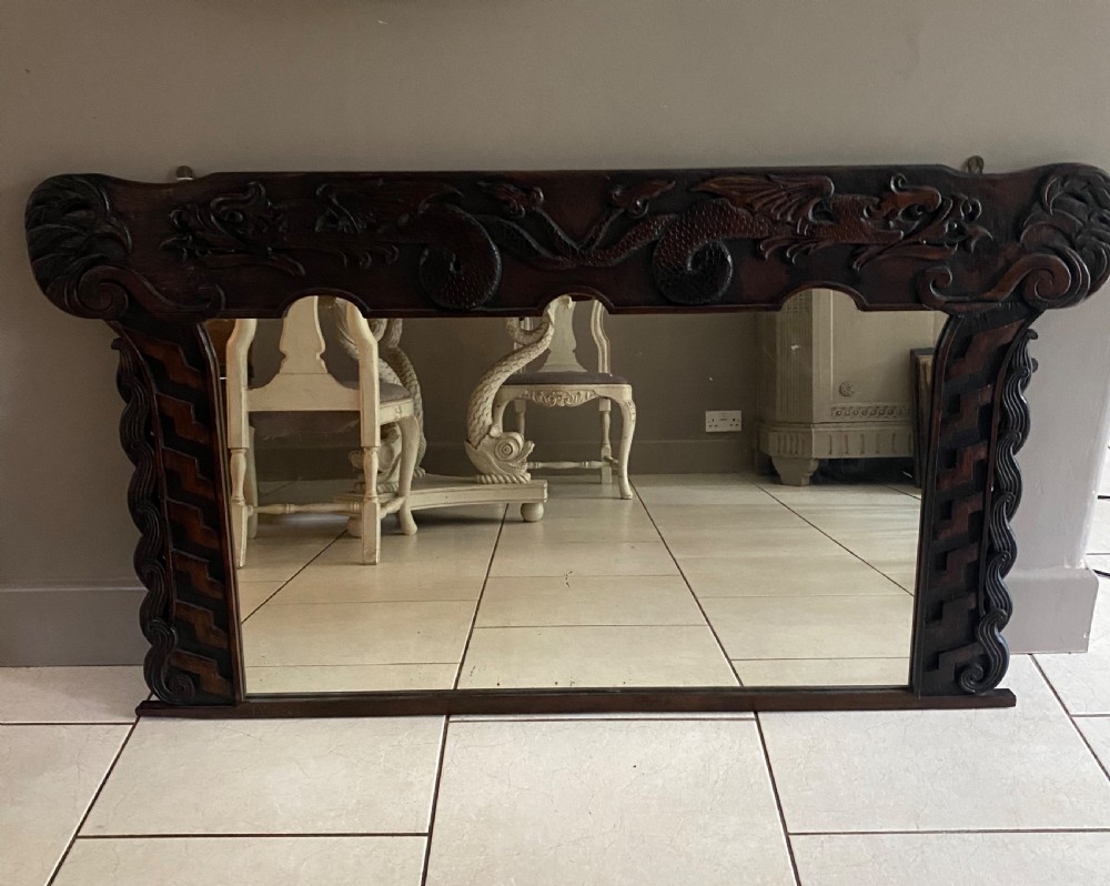 19th Century Carved Oak Celtic Overmantel Mirror Winged Griffins