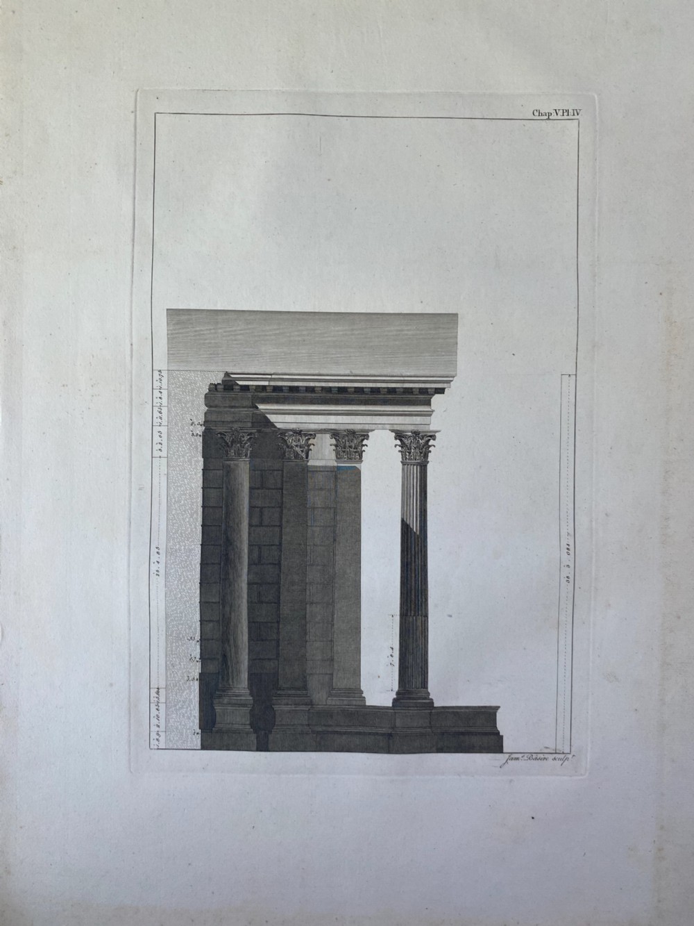 A wide 18th-century monochrome architectural engraving displaying a detailed elevation view of a classical temple with columns. View III