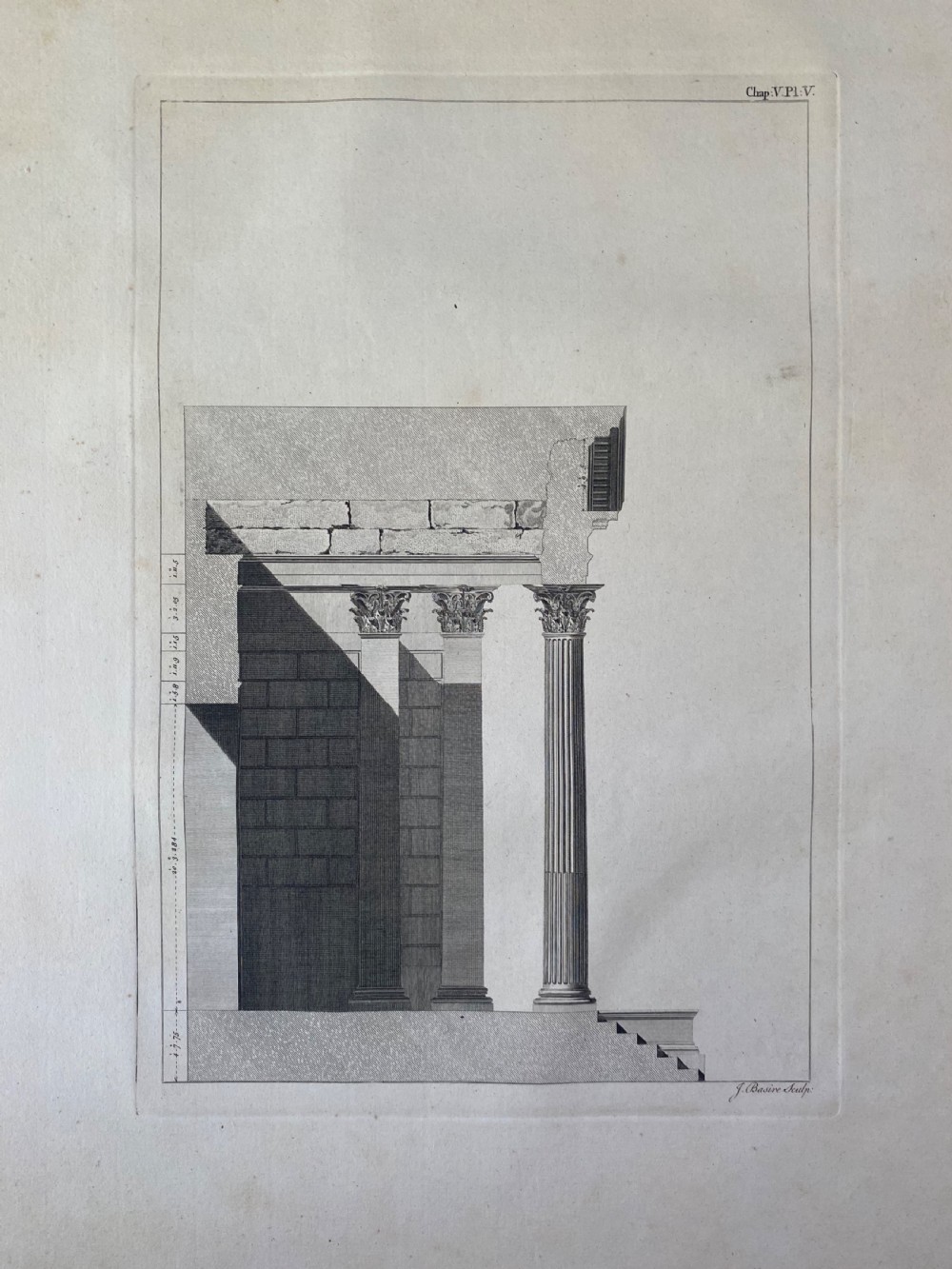 A wide 18th-century monochrome architectural engraving displaying a detailed elevation view of a classical temple with columns. View IV