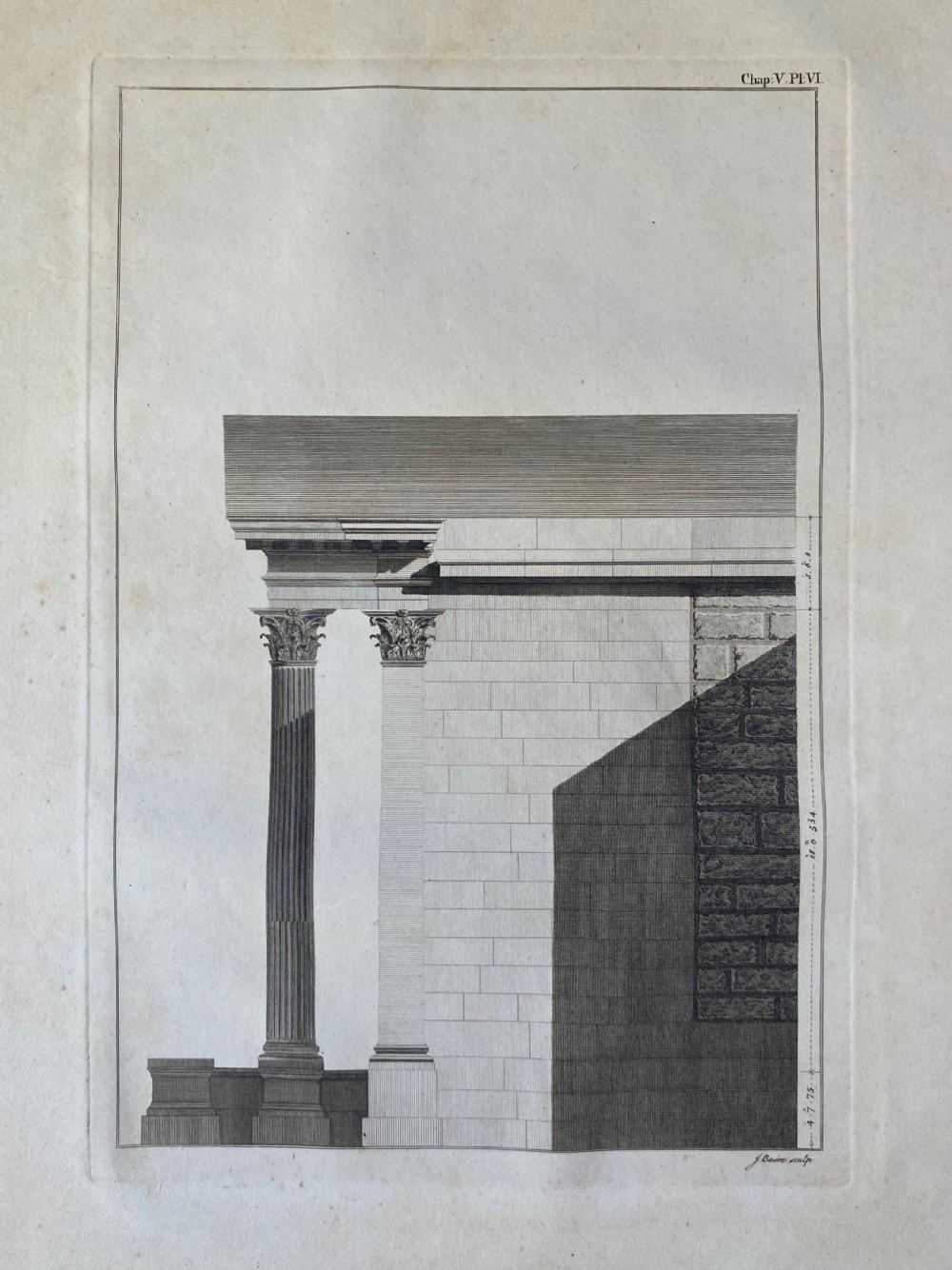 A wide 18th-century monochrome architectural engraving displaying a detailed elevation view of a classical temple with columns. View V
