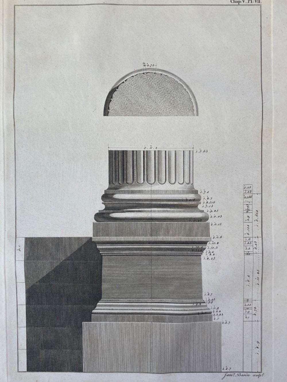 A wide 18th-century monochrome architectural engraving displaying a detailed elevation view of a classical temple with columns. View VI