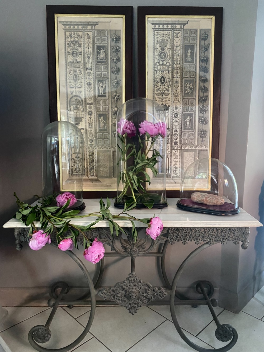 A tall framed 18th-century copperplate engraving depicting Raphael Vatican Loggie architectural grotesque pilaster details, housed in a dark wood frame with a gilt inner slip. View II