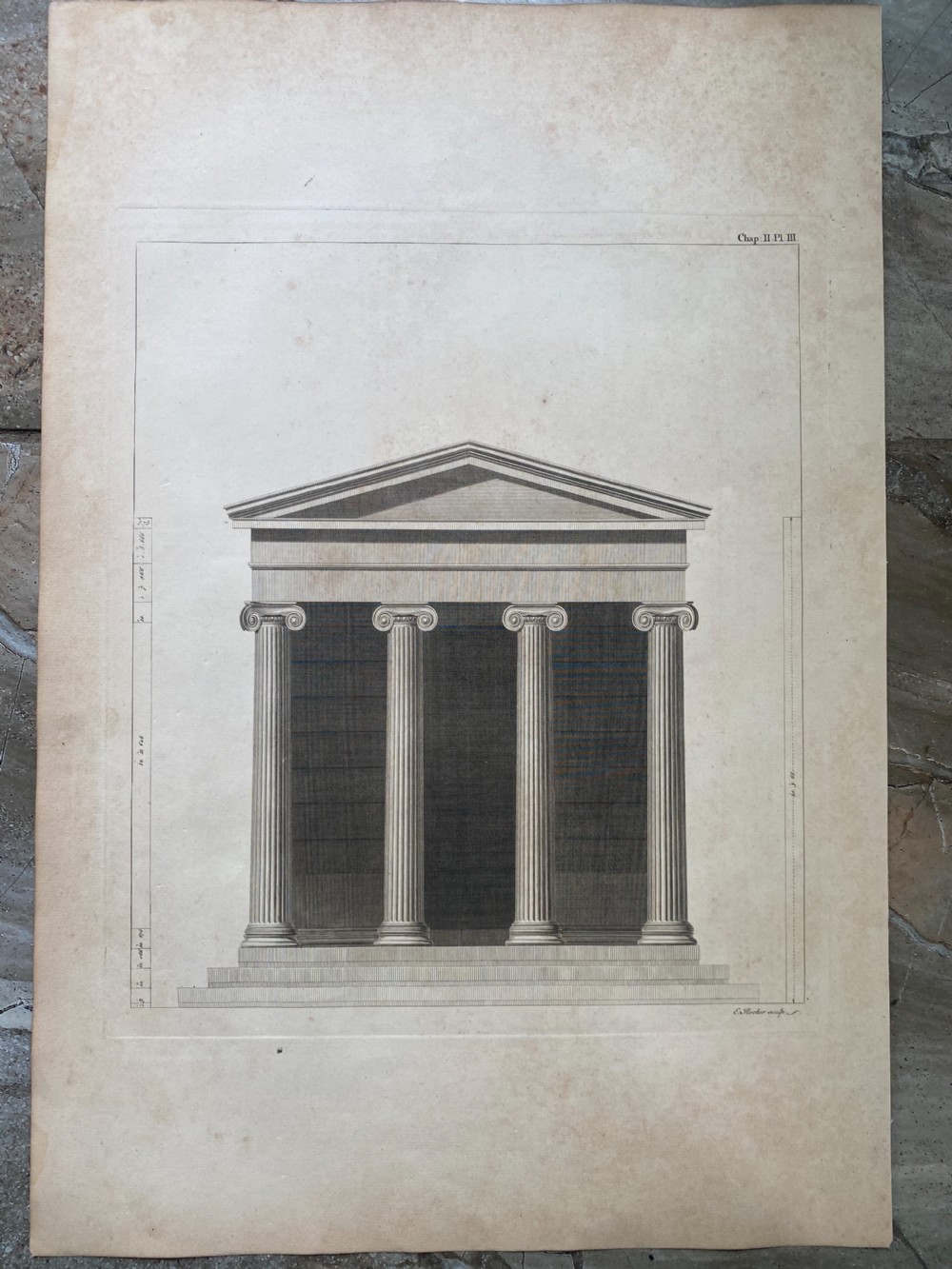 An 18th-century copperplate engraving on off-white paper depicting a classical temple facade with four fluted Ionic columns and a pediment.