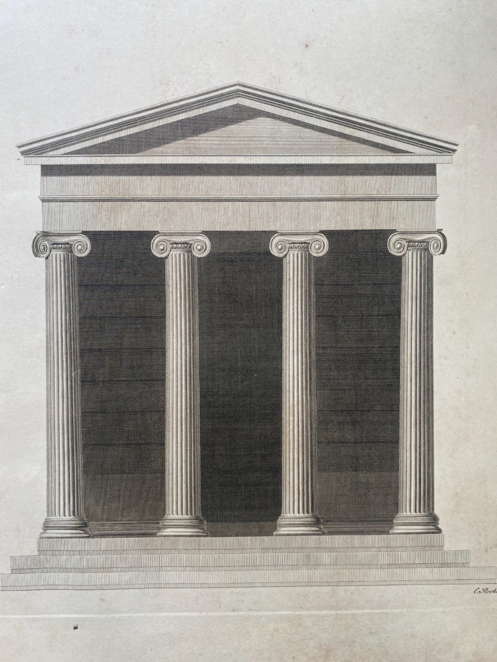 An 18th-century copperplate engraving on off-white paper depicting a classical temple facade with four fluted Ionic columns and a pediment. View II