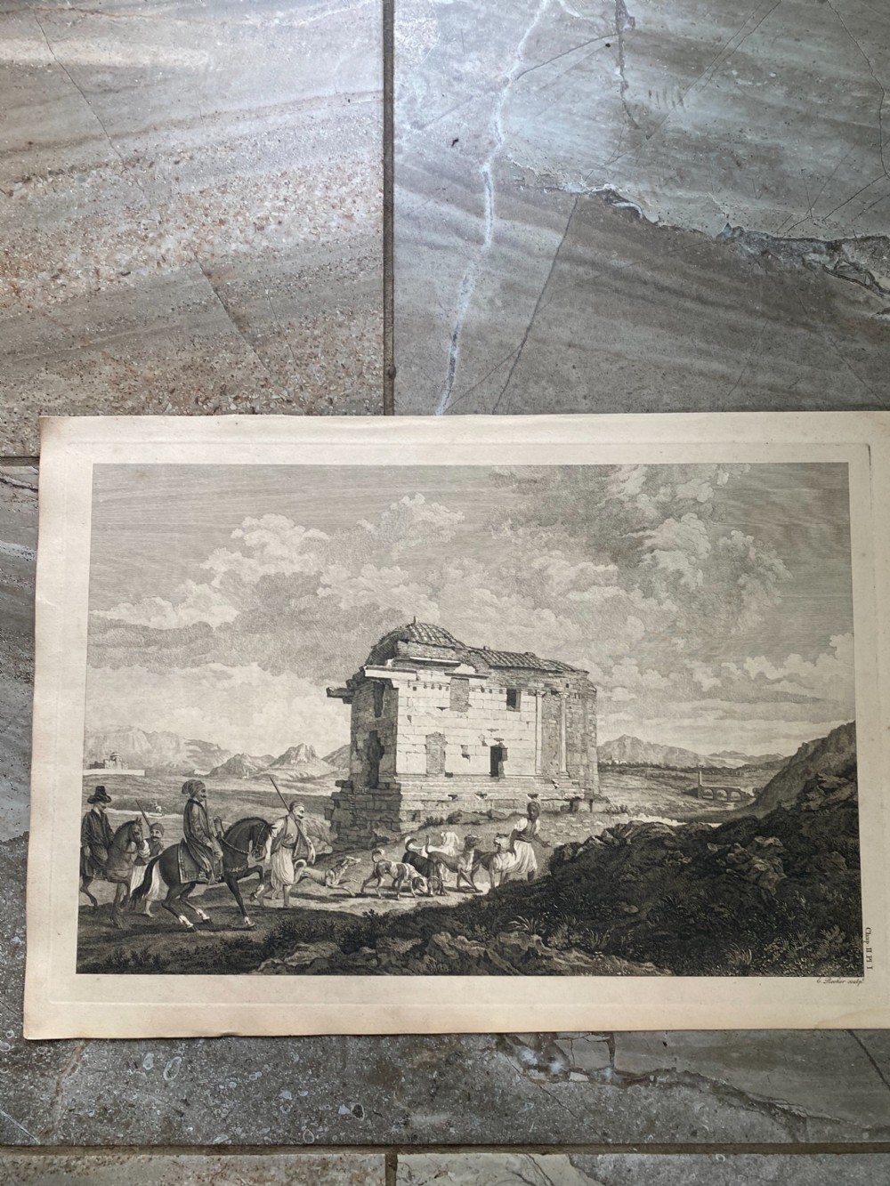 An 18th-century copperplate engraving on off-white paper depicting a classical temple facade with four fluted Ionic columns and a pediment. View III