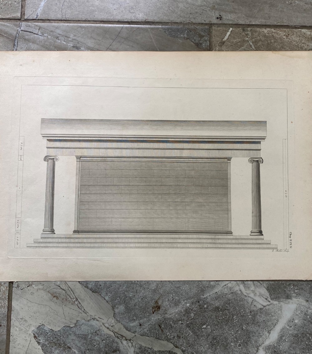 An 18th-century copperplate engraving on off-white paper depicting a classical temple facade with four fluted Ionic columns and a pediment. View IV