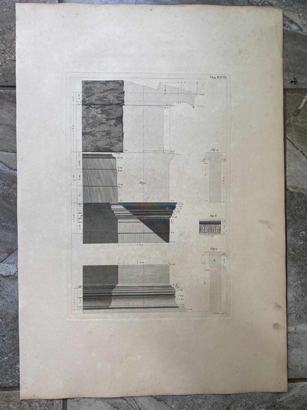 An 18th-century copperplate engraving on off-white paper depicting a classical temple facade with four fluted Ionic columns and a pediment. View V