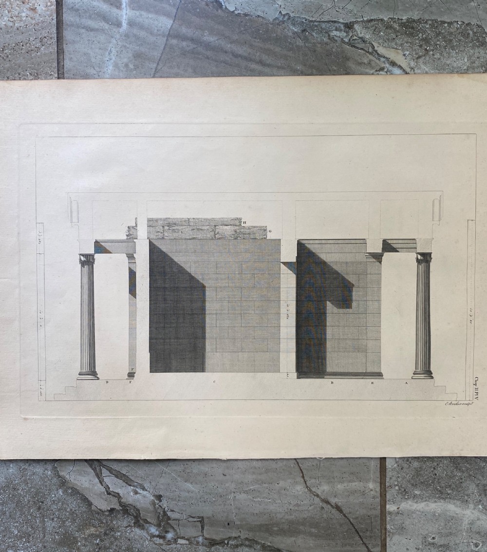 An 18th-century copperplate engraving on off-white paper depicting a classical temple facade with four fluted Ionic columns and a pediment. View VI