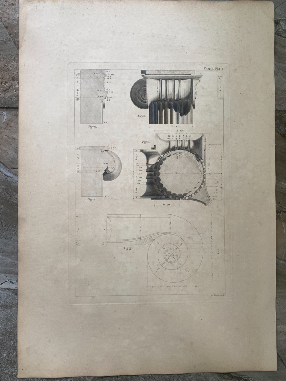 An 18th-century copperplate engraving on off-white paper depicting a classical temple facade with four fluted Ionic columns and a pediment. View VII