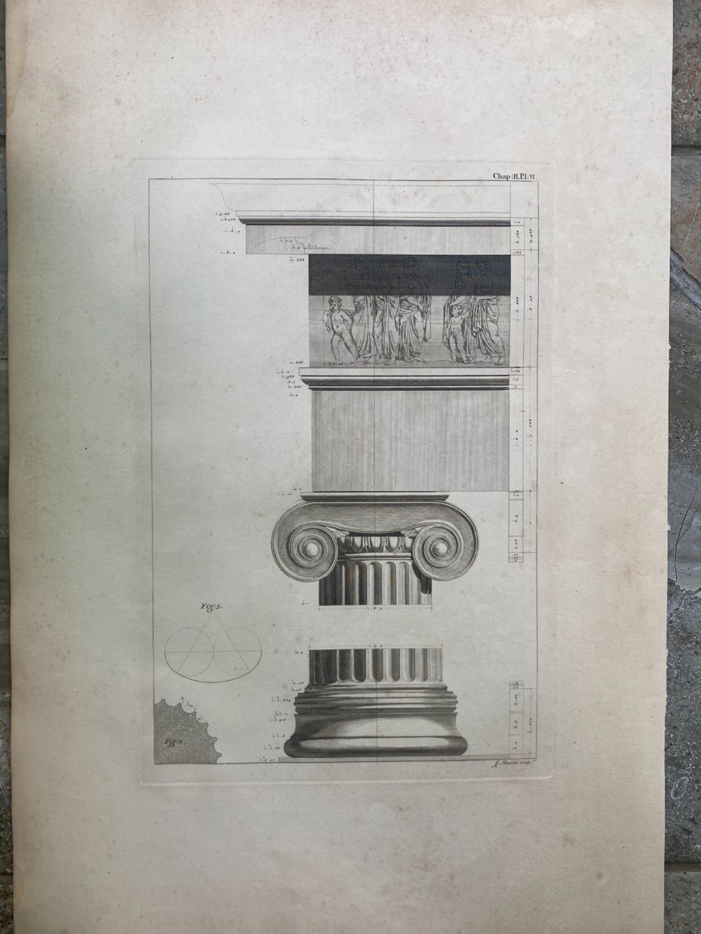 An 18th-century copperplate engraving on off-white paper depicting a classical temple facade with four fluted Ionic columns and a pediment. View VIII