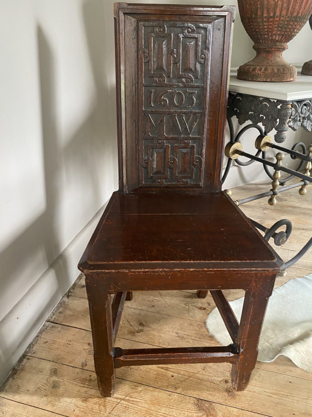 17th Century Carved Oak Strapwork Hall Chair dated MW 1603