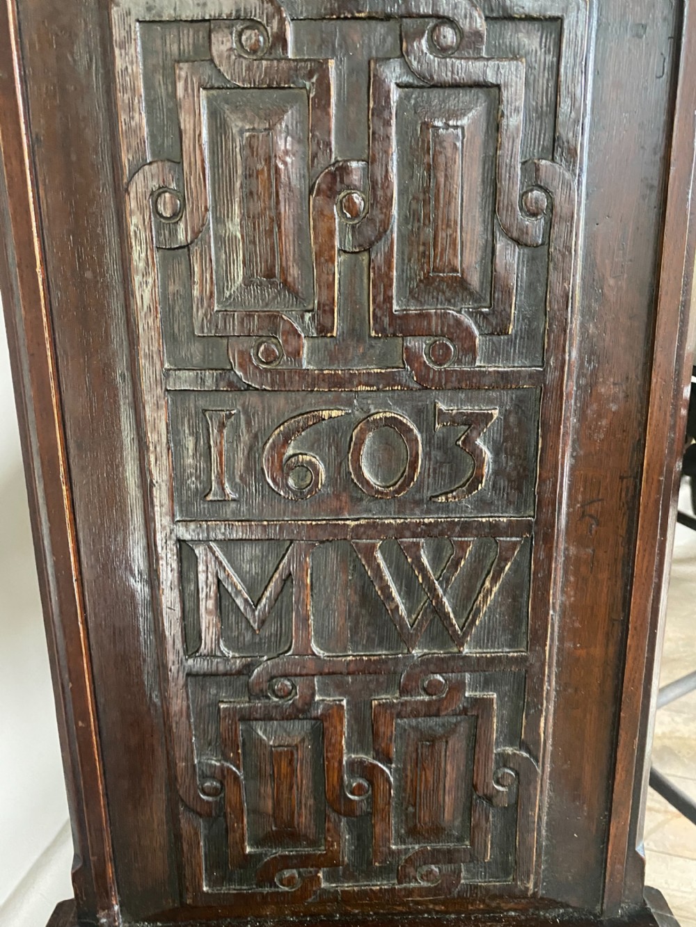 17th Century Carved Oak Strapwork Hall Chair dated MW 1603 View II
