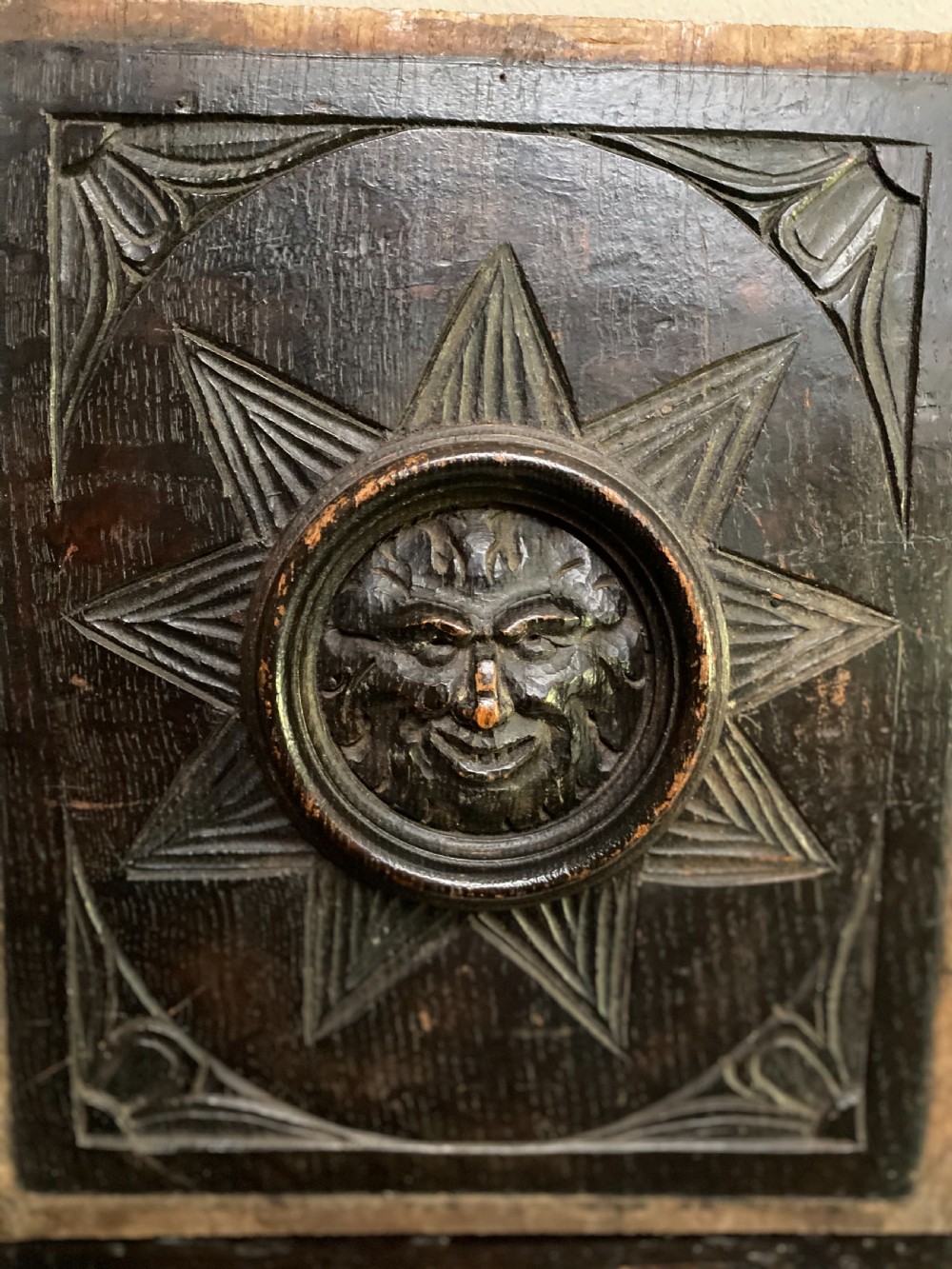 19th Century Folkart Carved Oak Sun In Splendour Panel