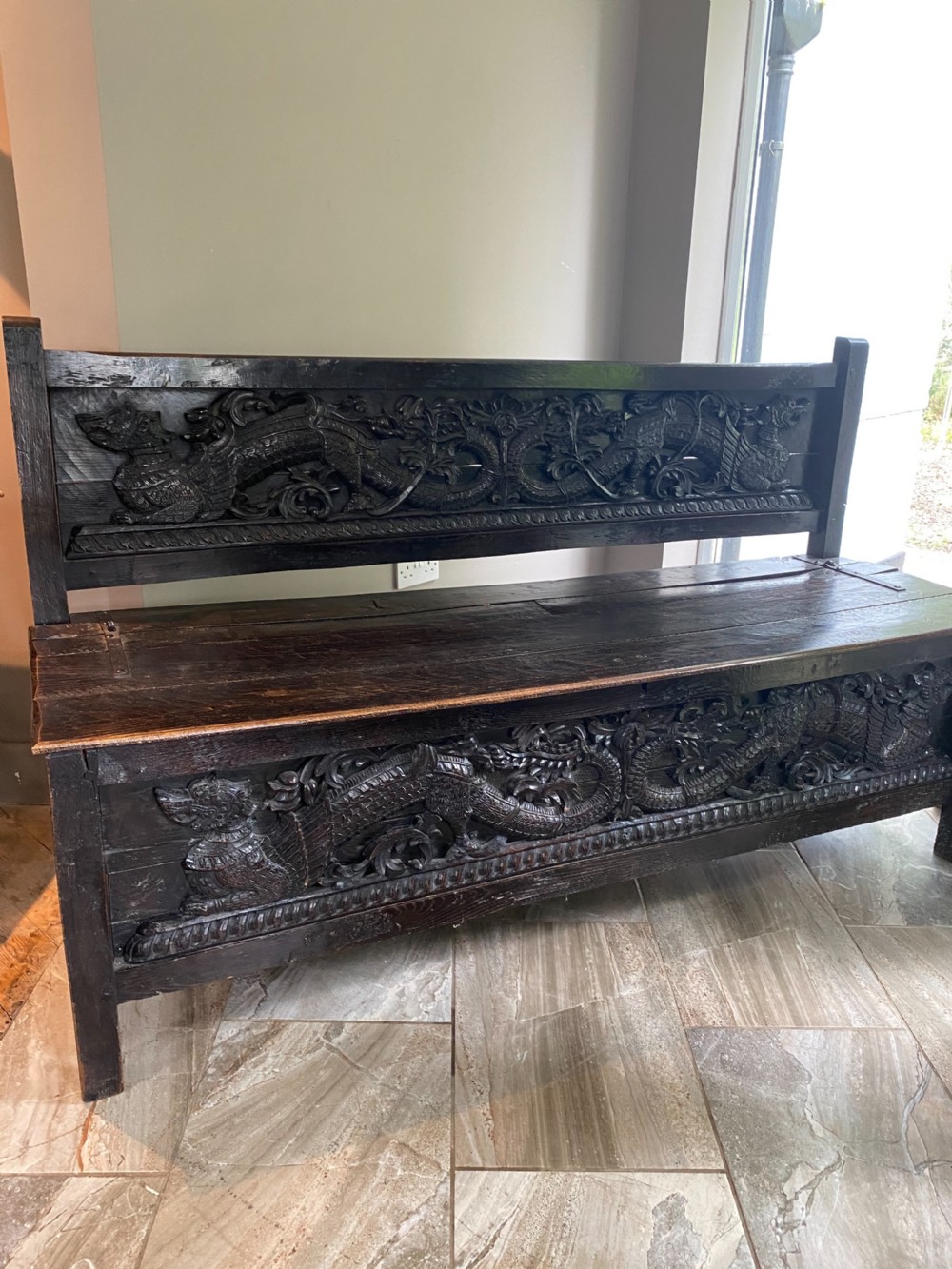 19th Century Large Oak Bench Coffer with Carved Dragons