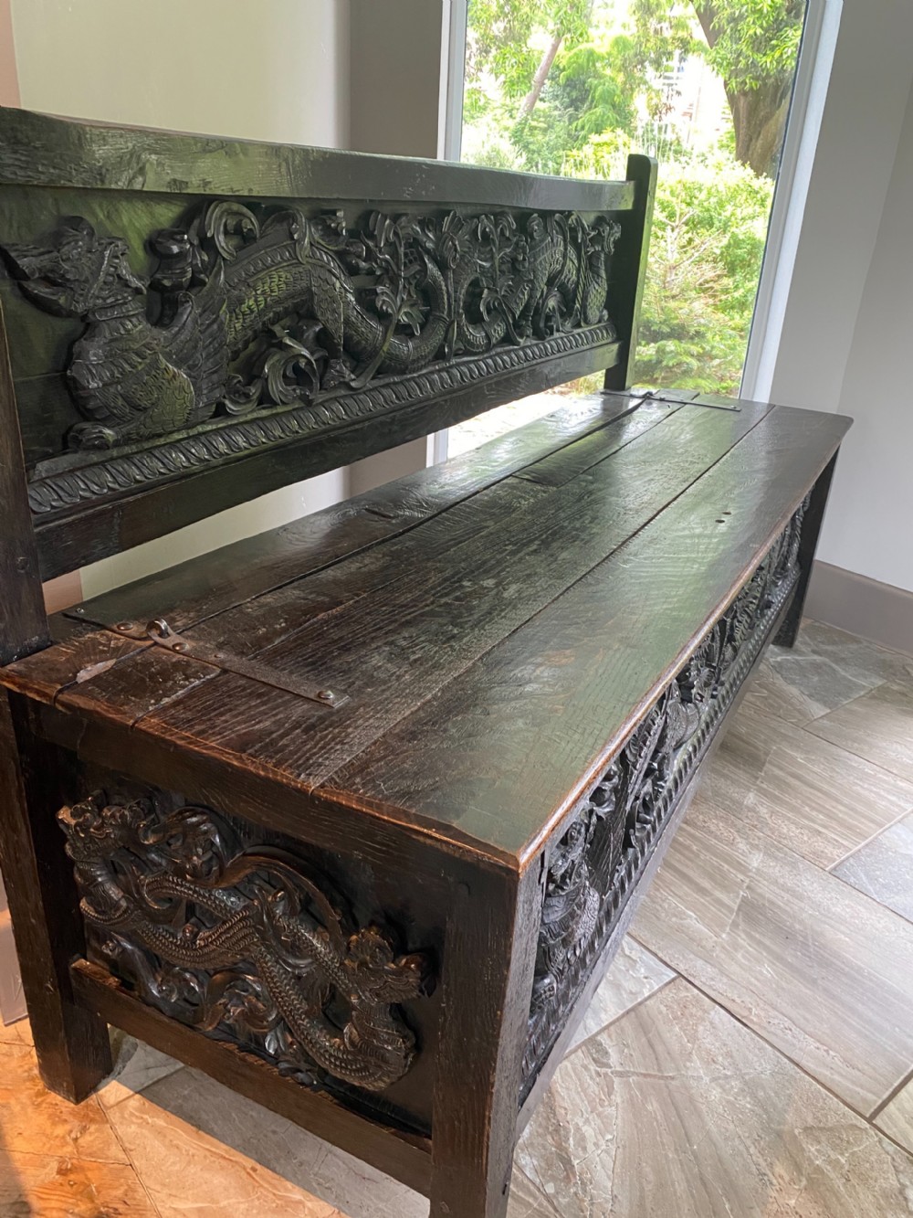 19th Century Large Oak Bench Coffer with Carved Dragons View II
