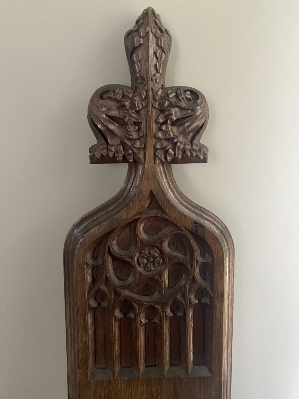 19th Century Carved Oak Gothic Church Pew Panel View II